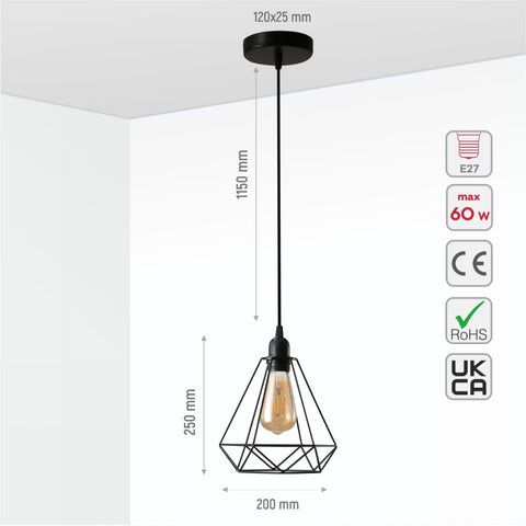 Black Metal Diamond Caged Funnel Pendant Ceiling Light E27