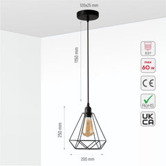 Black Metal Diamond Caged Funnel Pendant Ceiling Light E27