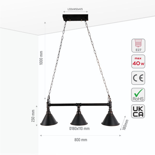 Black Metal Funnel Pipe Island Ceiling Chandelier Light 3xE27