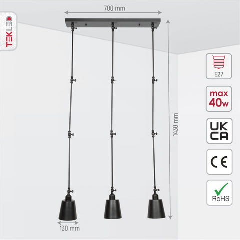 Black Metal Hinged Cone Pendant Ceiling Light 3xE27