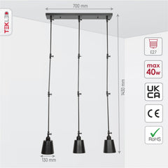 Black Metal Hinged Cone Pendant Ceiling Light 3xE27