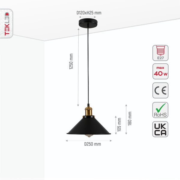 Black Metal Funnel Metal Ceiling Pendant Light E27 Fitting