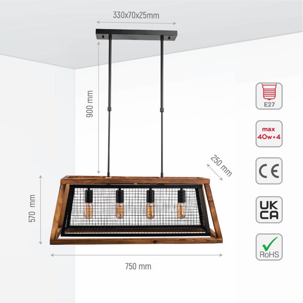Black Metal Old Wood Cuboid Island Chandelier Ceiling Light 4xE27