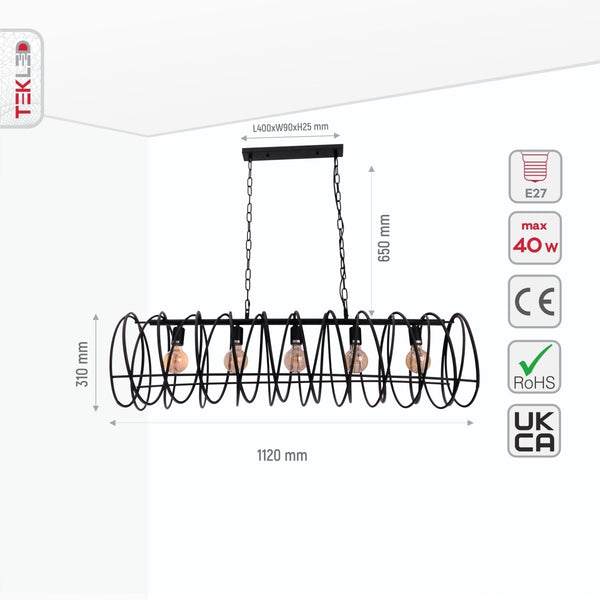 Black Metal Spiral Helix Island Chandelier Ceiling Light 5xE27