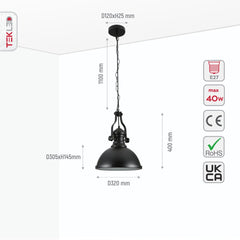 Black Nautical Industrial Caged Dome Shade Glass Metal Ceiling Pendant Light E27 Fitting