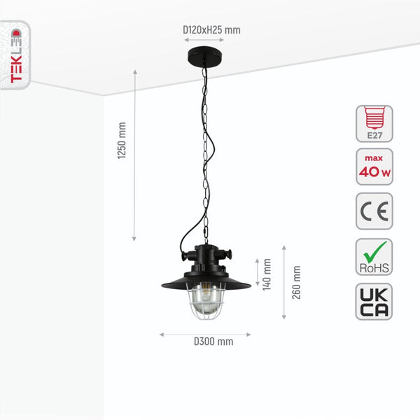 Black Nautical Industrial Caged Flat Shade Glass Metal Ceiling Pendant Light E27 Fitting