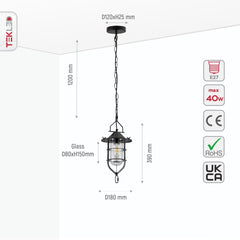 Black Nautical Industrial Caged Flat Shade Small Glass Metal Ceiling Pendant Light E27 Fitting