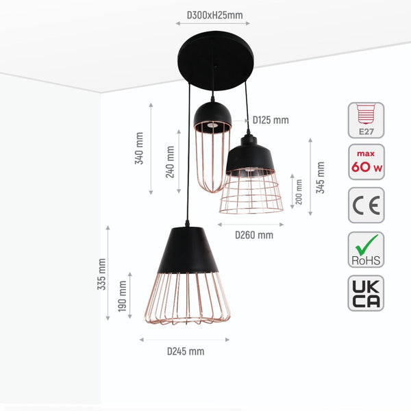 Black Top Rose Gold Metal Cage Mix Pendant Ceiling Light 3xE27