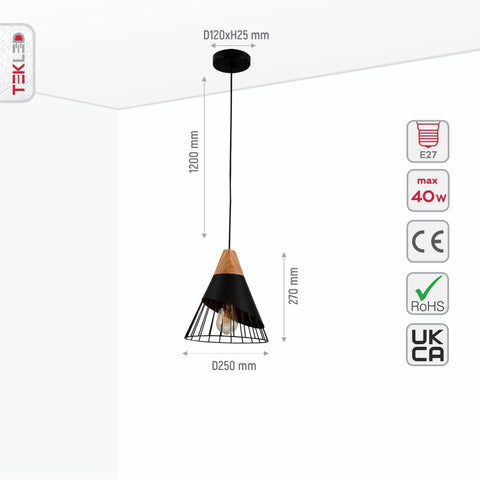Black Wood Funnel Cone Caged Shuttlecock Nordic Metal Ceiling Pendant Light E27 Fitting