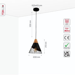 Black Wood Funnel Cone Caged Shuttlecock Nordic Metal Ceiling Pendant Light E27 Fitting