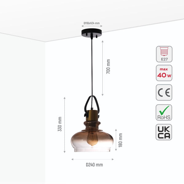 Bronze Gradient Glass Funnel Dome Globe Pendant Ceiling Light E27