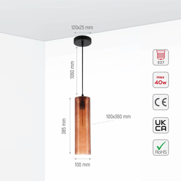 Brown-Silver-Amber Reeded Cylinder Glass Pendant Light E27 Fitting