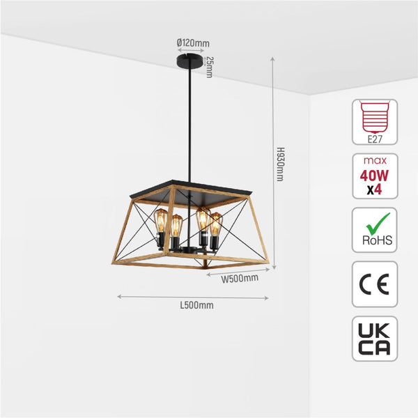 Wood And Black Caged Candle Industrial Kitchen Island Retro Square Pendant Ceiling Light 4xE27