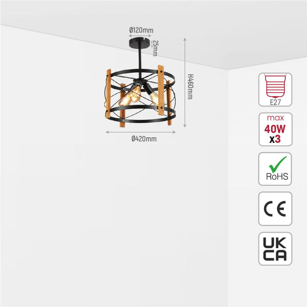 Caged Candle Industrial Retro Round Pendant Ceiling Light 3xE27 Wood Black Finishing