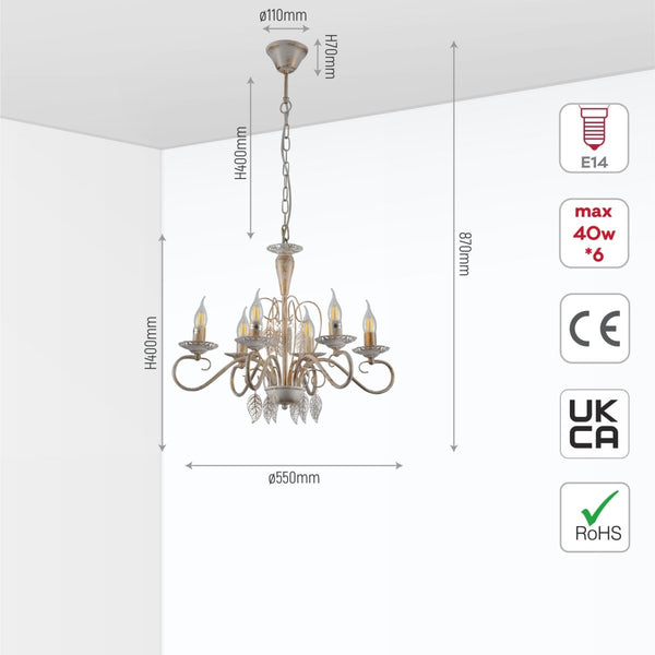 Candle French Mediterranean Leaf Traditional Vintage Gold Patinated White Ceiling Light E14