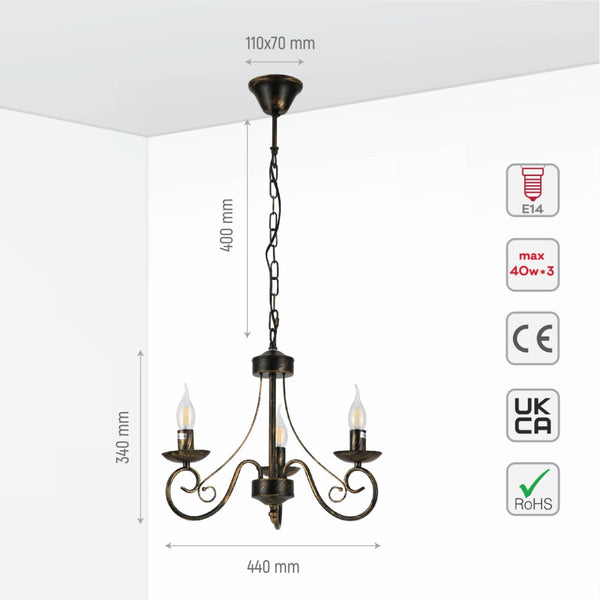Candle Vintage Gold Patinated Black French Chandelier Ceiling Light E14