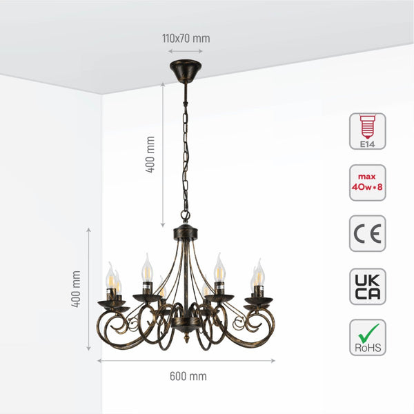 Candle Vintage Gold Patinated Black French Chandelier Ceiling Light E14