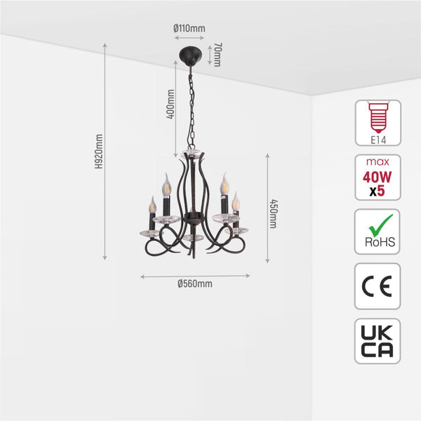 LuxAura Candle Vintage Rustic Black French Chandelier Ceiling Light