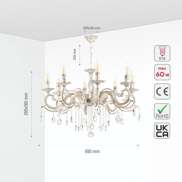 Candle Waterfall Traditional Retro Vintage Arm Chandelier Ceiling Light Crystal Gold Aged Cream E14