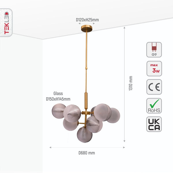 Chandelier Ceiling Light Pyramid Smoky Glass Gold Body 10xG9