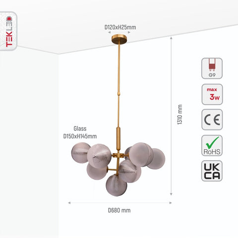 Chandelier Ceiling Light Pyramid Smoky Glass Gold Body 10xG9