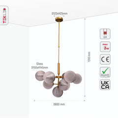 Chandelier Ceiling Light Pyramid Smoky Glass Gold Body 10xG9