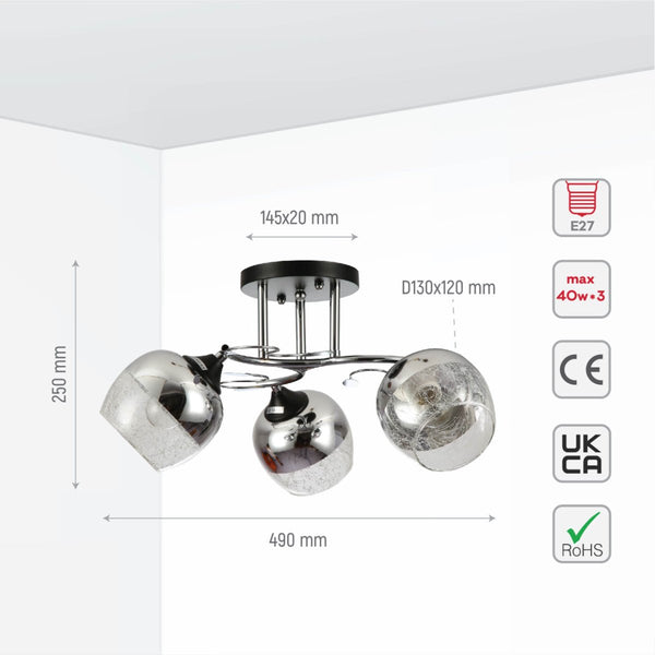 Chrome Metal Partial Mirror Cone Glass Ceiling Light E27