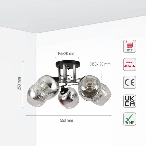 Chrome Metal Partial Mirror Cone Glass Ceiling Light E27