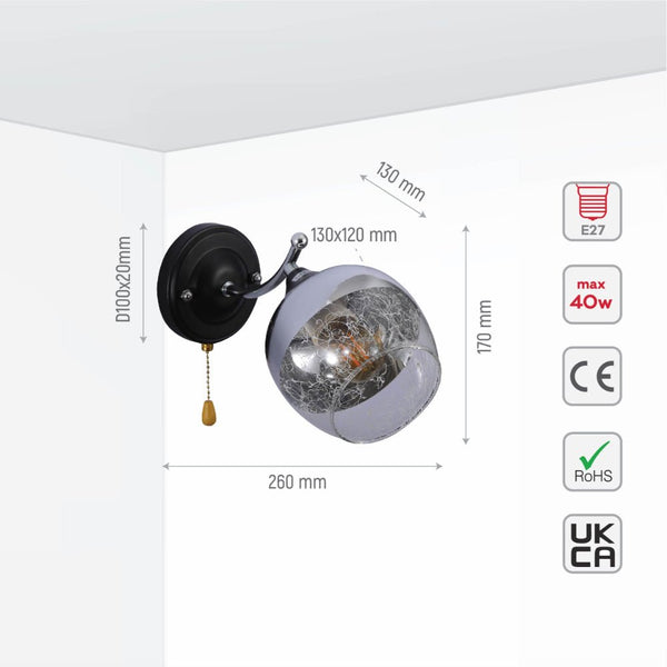 Black-Chrome | White Metal Partial Mirror Cone Glass Wall Light E27 Pull Down Switch