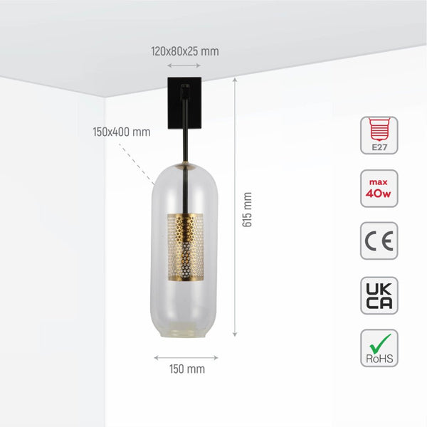 Clear Cylinder Glass Gold Cage Black Body Wall Light E27 Fitting