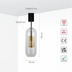 Clear Cylinder Glass Gold Cage Black Body Wall Light E27 Fitting