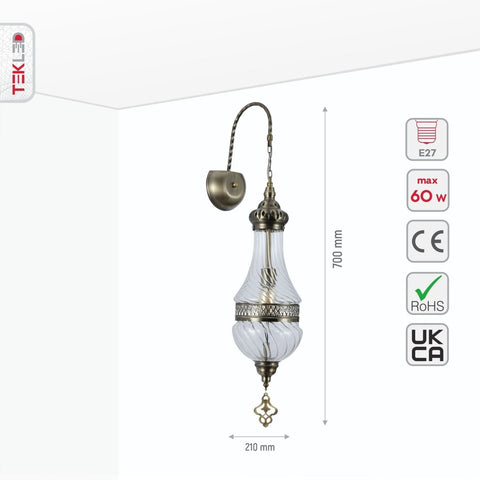 Clear Glass Antique Bronze Metal Body Moroccan Style Wall Light E27 Fitting