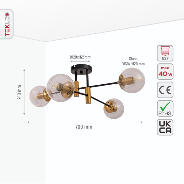 Opal Clear Amber Glass Globe Gold and Black Metal Semi Flush Ceiling Light E27