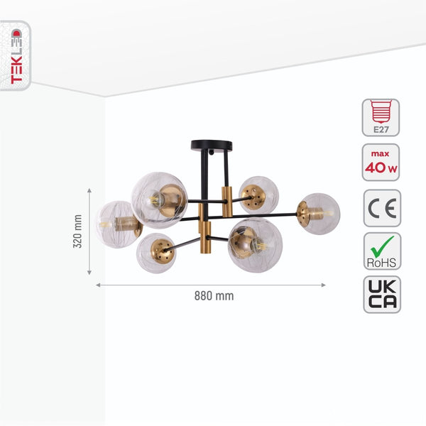 Opal Clear Amber Glass Globe Gold and Black Metal Semi Flush Ceiling Light E27