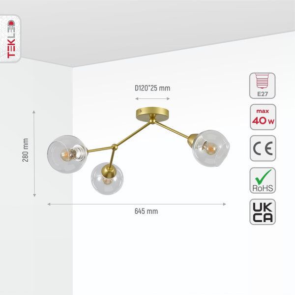 Clear Glass Gold Wishbone Branch Twig Semi Flush Modern Sputnik Ceiling Light E27
