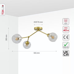 Clear Glass Gold Wishbone Branch Twig Semi Flush Modern Sputnik Ceiling Light E27
