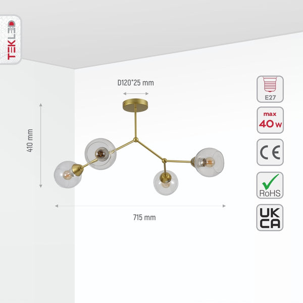 Clear Glass Gold Wishbone Branch Twig Semi Flush Modern Sputnik Ceiling Light E27