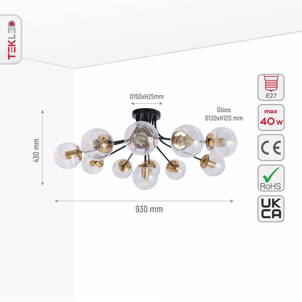 Clear Globe Glass Black Metal Semi Flush Ceiling Light E27