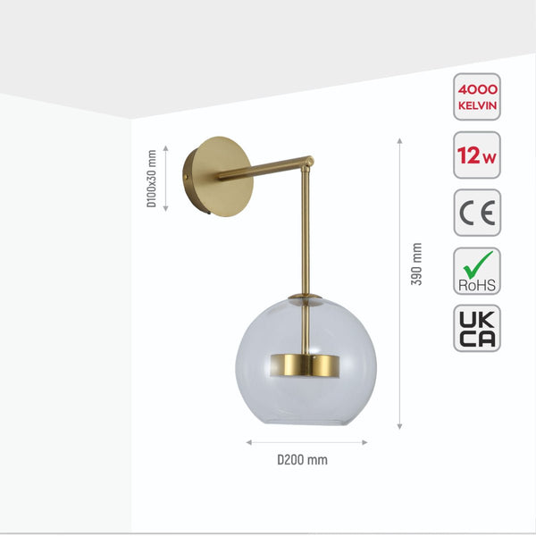Clear Globe Glass Gold L-Shape Metal Cool Natural White 12W LED Wall Light