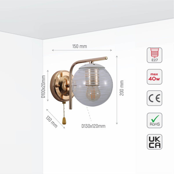 Clear Textured Globe Gold Wall Light E27 Pull Down Switch