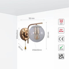 Clear Textured Globe Gold Wall Light E27 Pull Down Switch