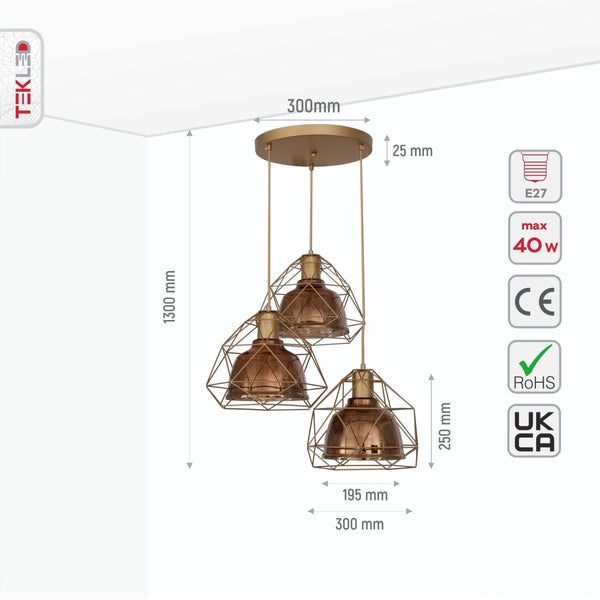 Smoky or Copper Glass Dome Black or Gold Metal Cage Pendant Ceiling Light E27