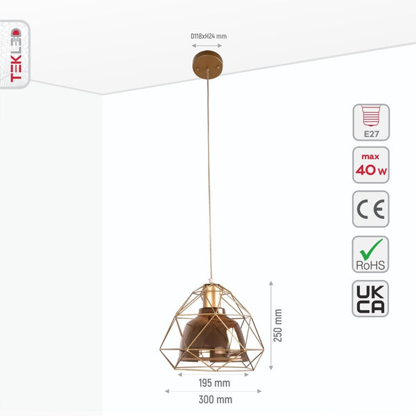 Smoky or Copper Glass Dome Black or Gold Metal Cage Pendant Ceiling Light E27