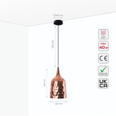 Copper Metal Golden Hammered Pendant Ceiling Light E27 Bell or Dome Style