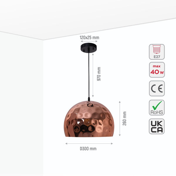 Copper Metal Golden Hammered Pendant Ceiling Light E27 Bell or Dome Style