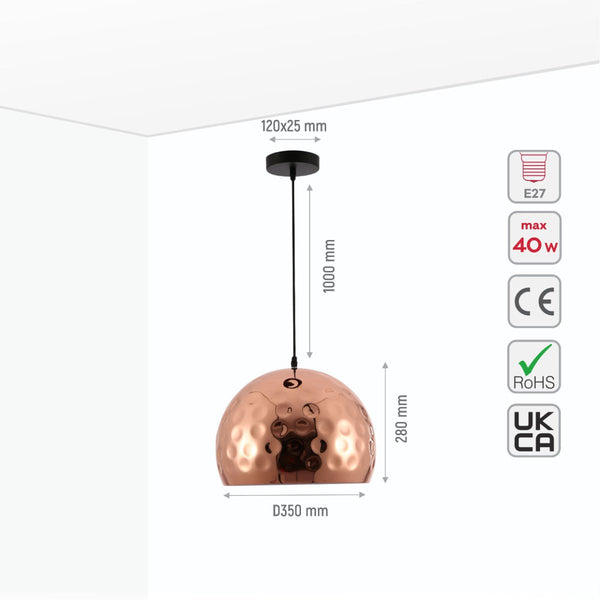 Copper Metal Golden Hammered Pendant Ceiling Light E27 Bell or Dome Style