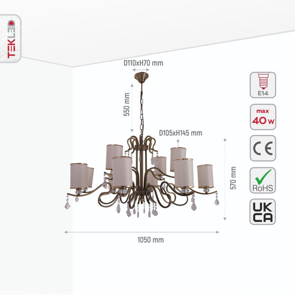 Cream Shade Antique Brass Metal Arm Ceiling Chandelier Light with Pendeloque Crystals E14