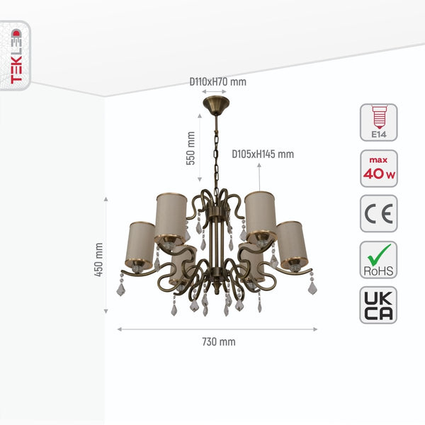 Cream Shade Antique Brass Metal Arm Ceiling Chandelier Light with Pendeloque Crystals E14