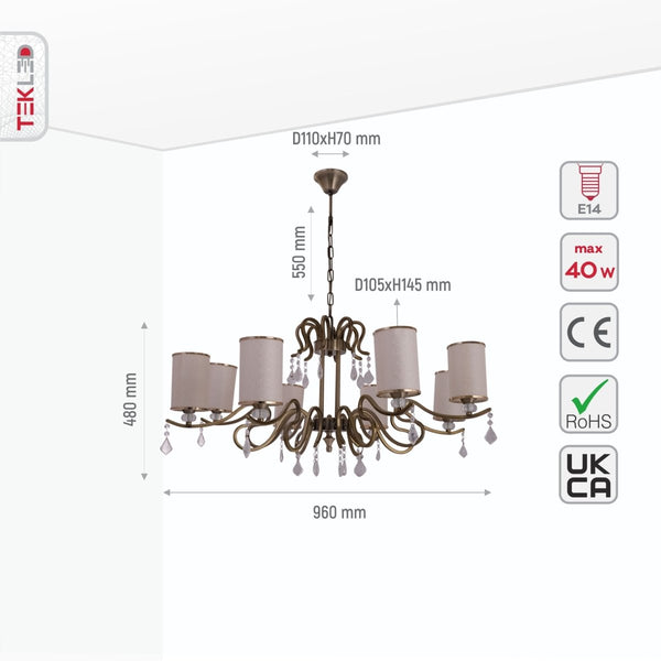 Cream Shade Antique Brass Metal Arm Ceiling Chandelier Light with Pendeloque Crystals E14