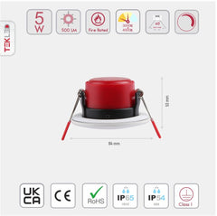 Fire Rated Waterproof IP65 Dimmable CCT Change 500 Lm Fixed Downlight Warm or Cool White